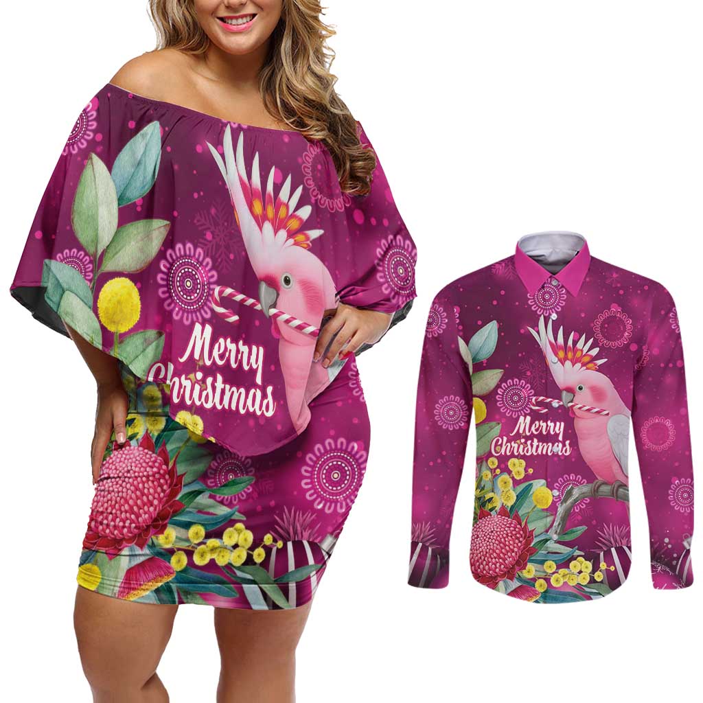 Australia Pink Cockatoo Christmas Couples Matching Off Shoulder Short Dress and Long Sleeve Button Shirt Aussie Native Flowers Merry Xmas - Pink - Aussie Hoodie