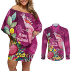 Australia Pink Cockatoo Christmas Couples Matching Off Shoulder Short Dress and Long Sleeve Button Shirt Aussie Native Flowers Merry Xmas - Pink - Aussie Hoodie