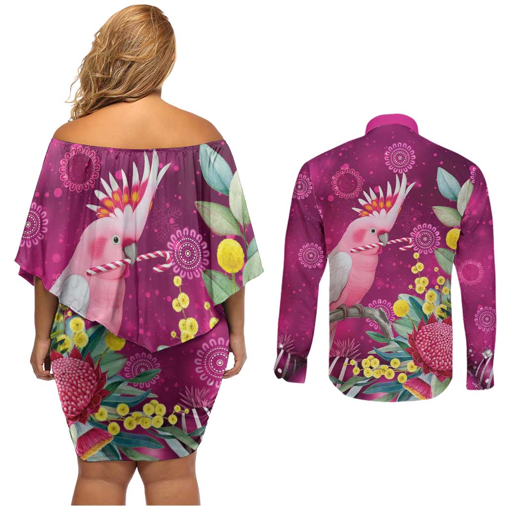 Australia Pink Cockatoo Christmas Couples Matching Off Shoulder Short Dress and Long Sleeve Button Shirt Aussie Native Flowers Merry Xmas - Pink - Aussie Hoodie