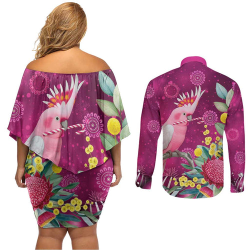 Australia Pink Cockatoo Christmas Couples Matching Off Shoulder Short Dress and Long Sleeve Button Shirt Aussie Native Flowers Merry Xmas - Pink - Aussie Hoodie