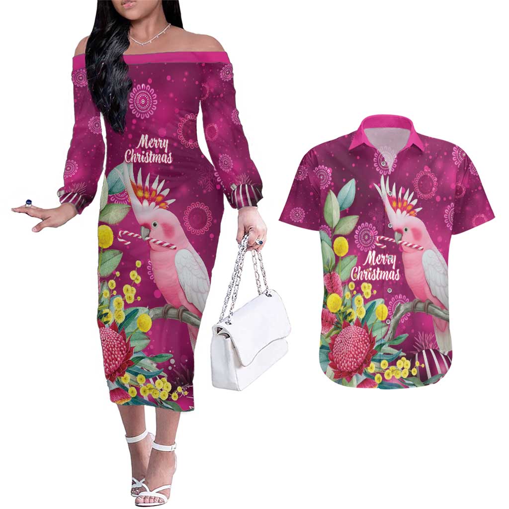 Australia Pink Cockatoo Christmas Couples Matching Off The Shoulder Long Sleeve Dress and Hawaiian Shirt Aussie Native Flowers Merry Xmas - Pink - Aussie Hoodie