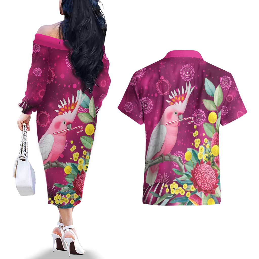 Australia Pink Cockatoo Christmas Couples Matching Off The Shoulder Long Sleeve Dress and Hawaiian Shirt Aussie Native Flowers Merry Xmas - Pink - Aussie Hoodie