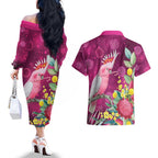 Australia Pink Cockatoo Christmas Couples Matching Off The Shoulder Long Sleeve Dress and Hawaiian Shirt Aussie Native Flowers Merry Xmas - Pink - Aussie Hoodie
