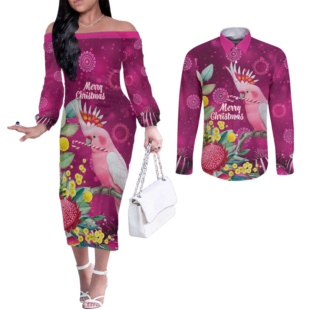 Australia Pink Cockatoo Christmas Couples Matching Off The Shoulder Long Sleeve Dress and Long Sleeve Button Shirt Aussie Native Flowers Merry Xmas - Pink - Aussie Hoodie
