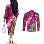 Australia Pink Cockatoo Christmas Couples Matching Off The Shoulder Long Sleeve Dress and Long Sleeve Button Shirt Aussie Native Flowers Merry Xmas - Pink - Aussie Hoodie