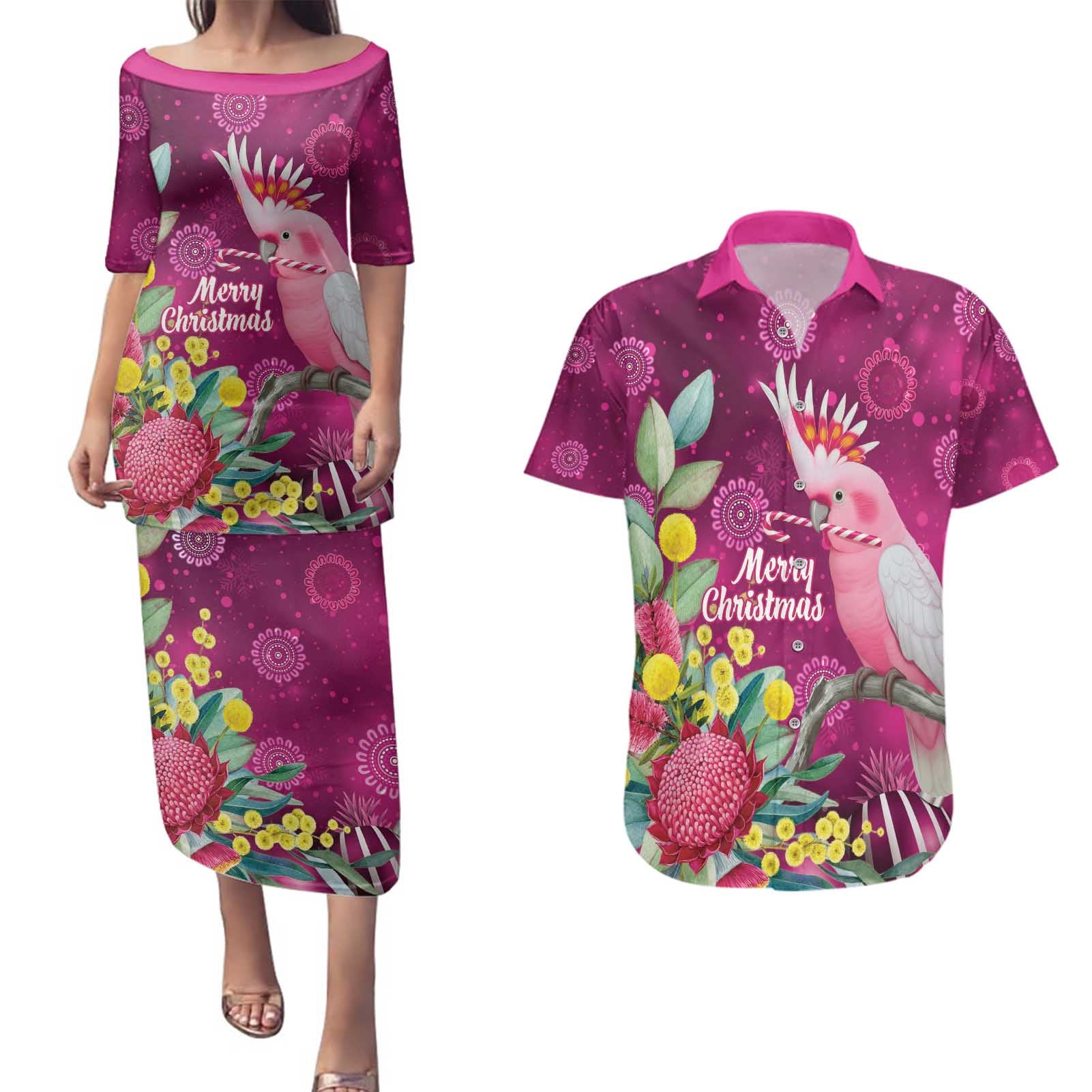 Australia Pink Cockatoo Christmas Couples Matching Puletasi and Hawaiian Shirt Aussie Native Flowers Merry Xmas - Pink - Aussie Hoodie