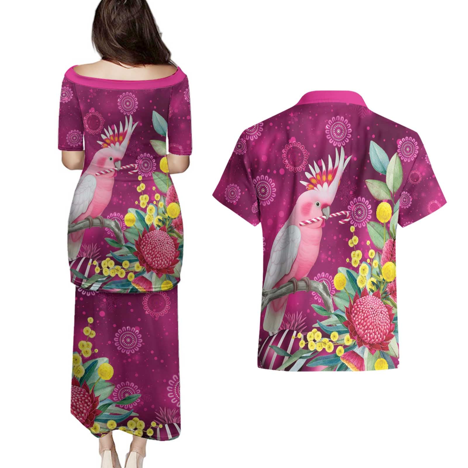 Australia Pink Cockatoo Christmas Couples Matching Puletasi and Hawaiian Shirt Aussie Native Flowers Merry Xmas - Pink - Aussie Hoodie