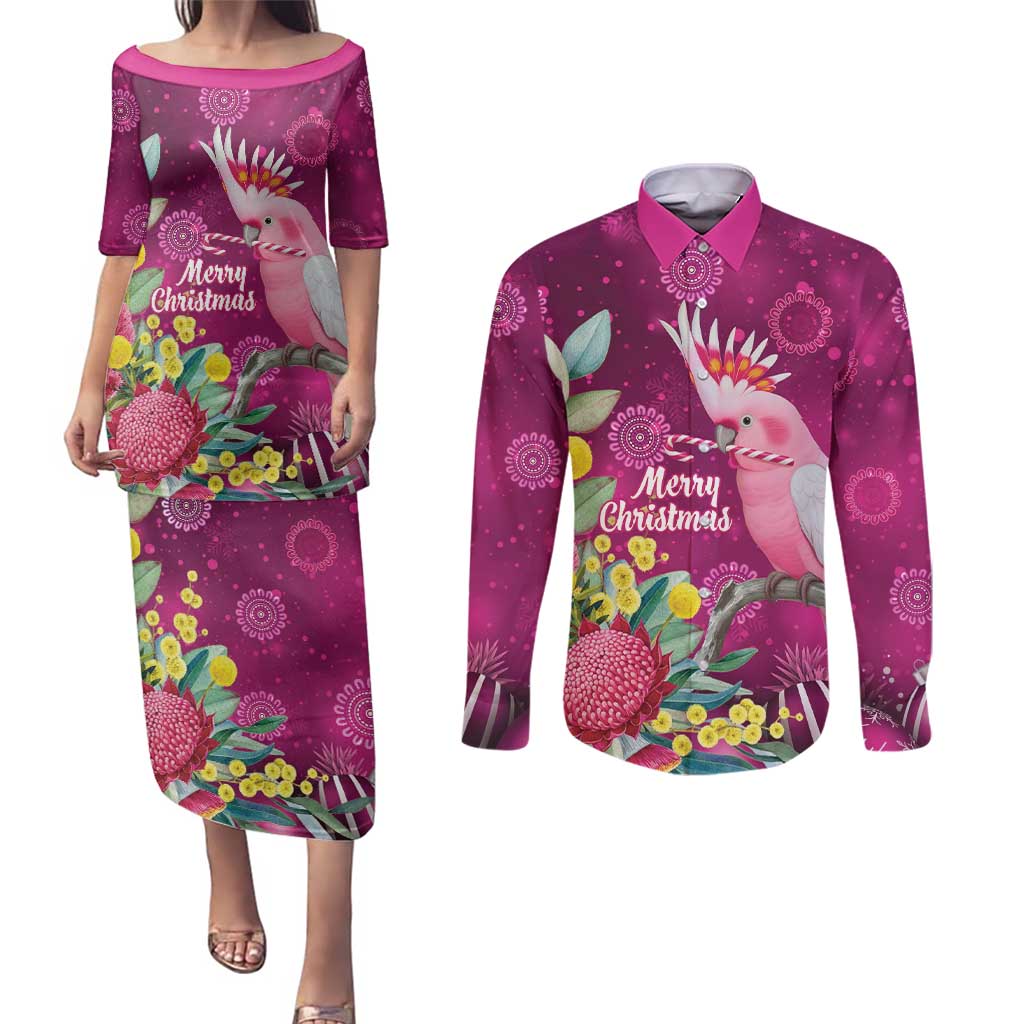 Australia Pink Cockatoo Christmas Couples Matching Puletasi and Long Sleeve Button Shirt Aussie Native Flowers Merry Xmas - Pink - Aussie Hoodie