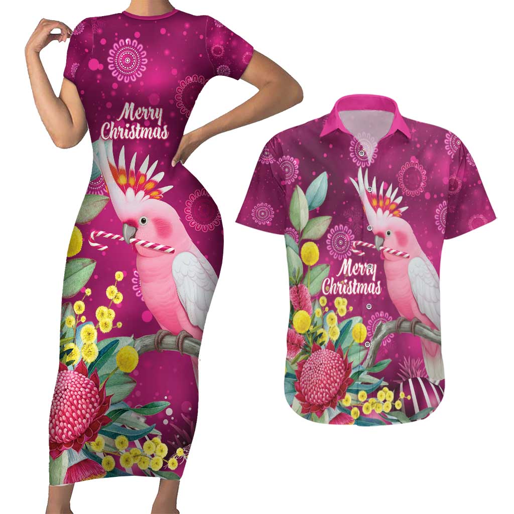 Australia Pink Cockatoo Christmas Couples Matching Short Sleeve Bodycon Dress and Hawaiian Shirt Aussie Native Flowers Merry Xmas - Pink - Aussie Hoodie