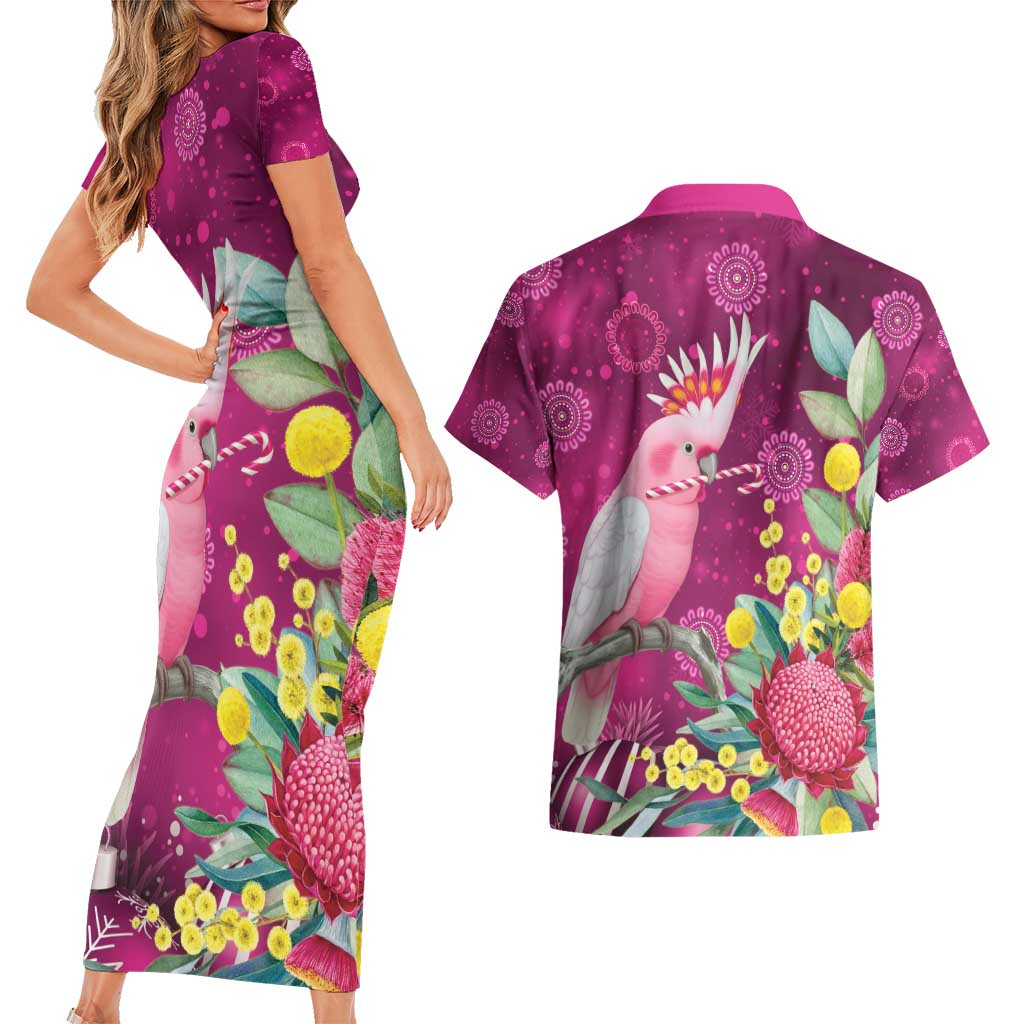 Australia Pink Cockatoo Christmas Couples Matching Short Sleeve Bodycon Dress and Hawaiian Shirt Aussie Native Flowers Merry Xmas - Pink - Aussie Hoodie