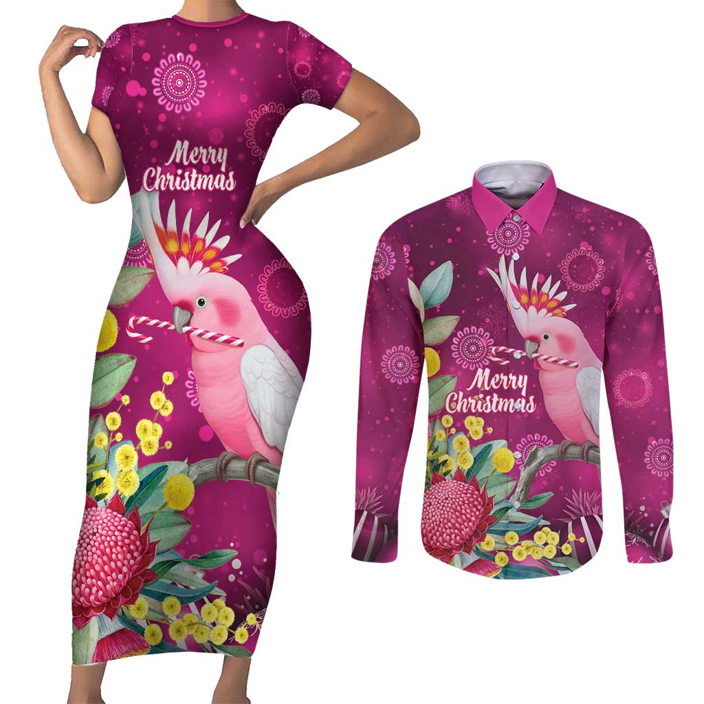 Australia Pink Cockatoo Christmas Couples Matching Short Sleeve Bodycon Dress and Long Sleeve Button Shirt Aussie Native Flowers Merry Xmas - Pink - Aussie Hoodie