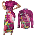 Australia Pink Cockatoo Christmas Couples Matching Short Sleeve Bodycon Dress and Long Sleeve Button Shirt Aussie Native Flowers Merry Xmas - Pink - Aussie Hoodie