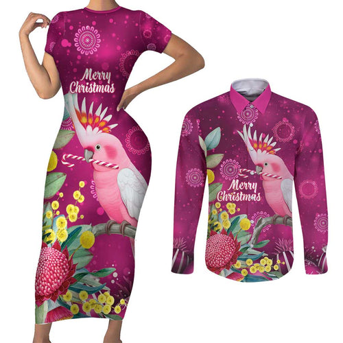 Australia Pink Cockatoo Christmas Couples Matching Short Sleeve Bodycon Dress and Long Sleeve Button Shirt Aussie Native Flowers Merry Xmas - Pink - Aussie Hoodie