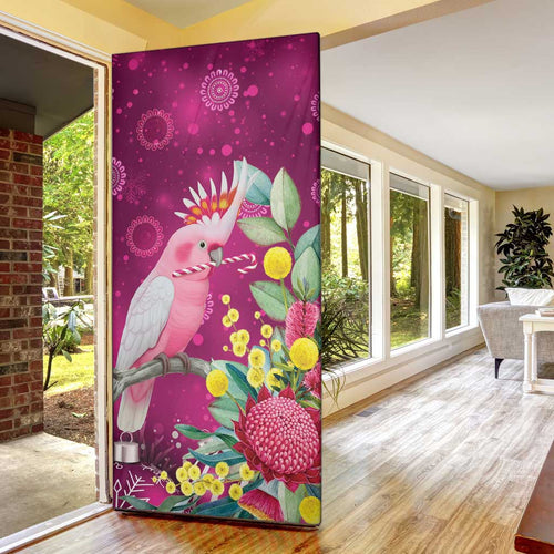 Australia Pink Cockatoo Christmas Door Cover Aussie Native Flowers Merry Xmas - Pink - Aussie Hoodie