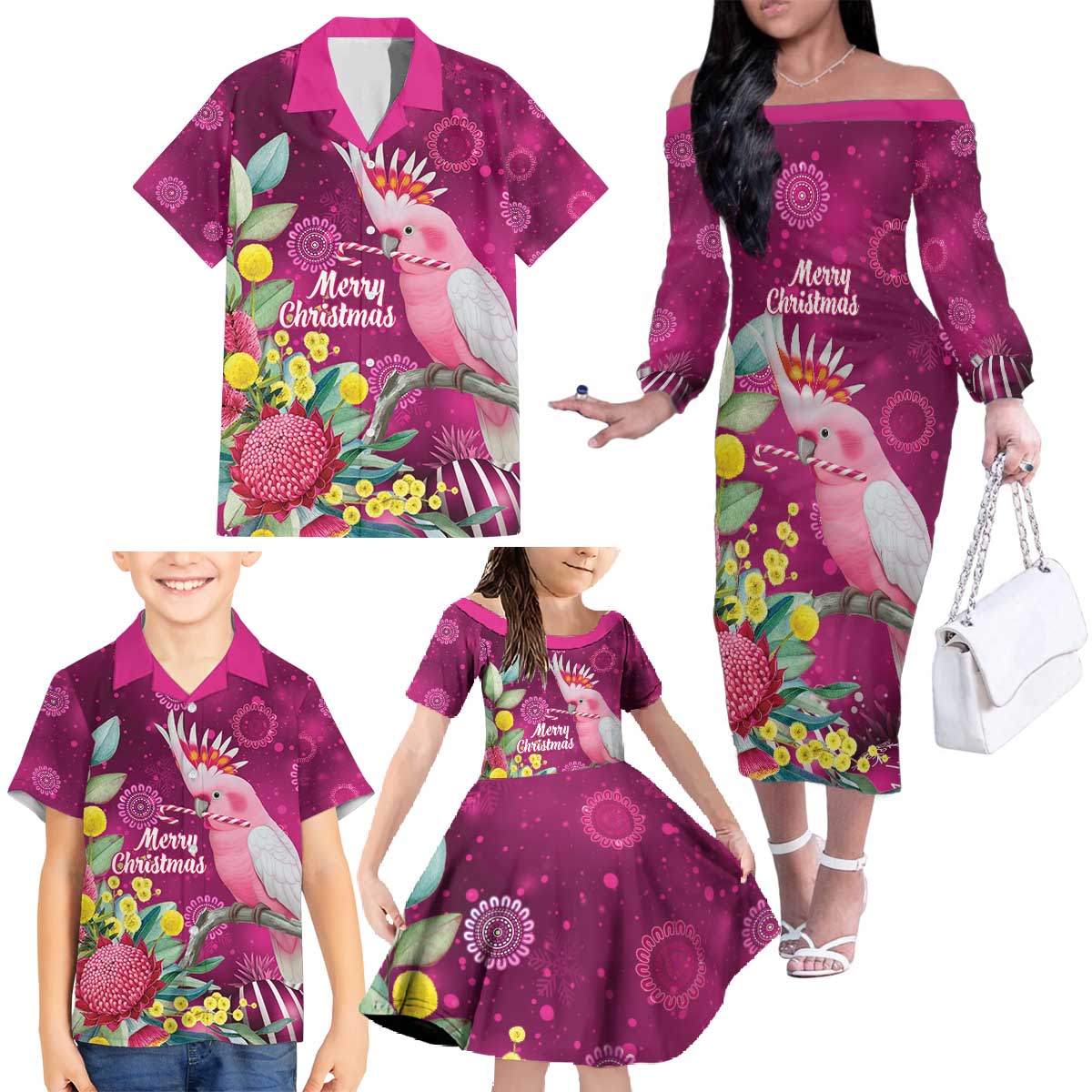 Australia Pink Cockatoo Christmas Family Matching Off The Shoulder Long Sleeve Dress and Hawaiian Shirt Aussie Native Flowers Merry Xmas - Pink - Aussie Hoodie
