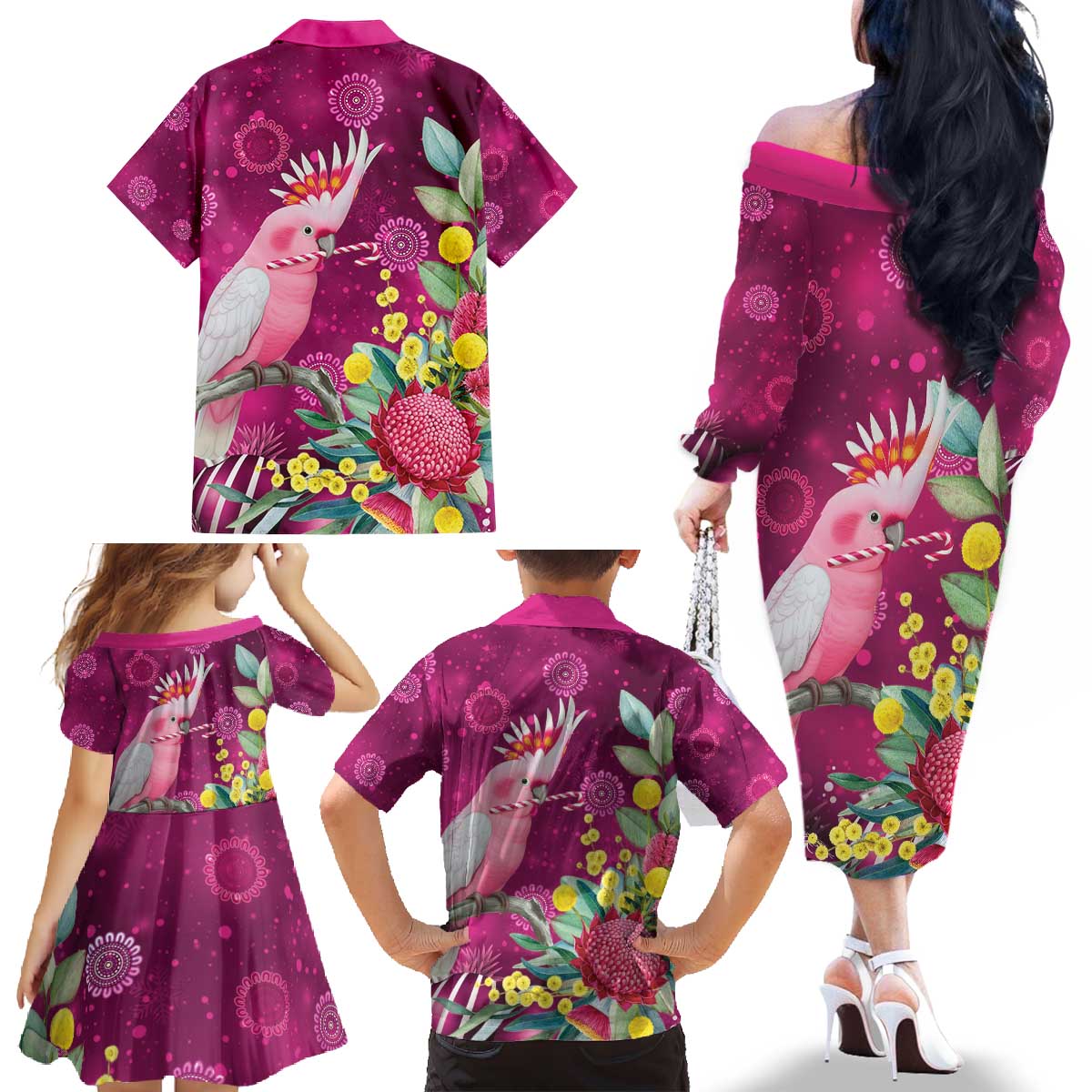 Australia Pink Cockatoo Christmas Family Matching Off The Shoulder Long Sleeve Dress and Hawaiian Shirt Aussie Native Flowers Merry Xmas - Pink - Aussie Hoodie