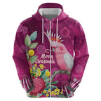 Australia Pink Cockatoo Christmas Hoodie Aussie Native Flowers Merry Xmas - Pink - Aussie Hoodie