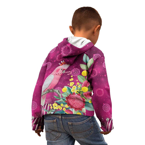 Australia Pink Cockatoo Christmas Kid Hoodie Aussie Native Flowers Merry Xmas - Pink - Aussie Hoodie