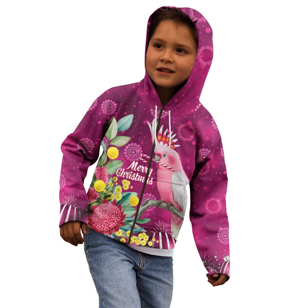 Australia Pink Cockatoo Christmas Kid Hoodie Aussie Native Flowers Merry Xmas - Pink - Aussie Hoodie