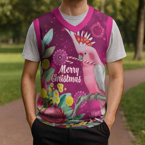 Australia Pink Cockatoo Christmas Knitted V-Neck Vest Aussie Native Flowers Merry Xmas - Pink - Aussie Hoodie