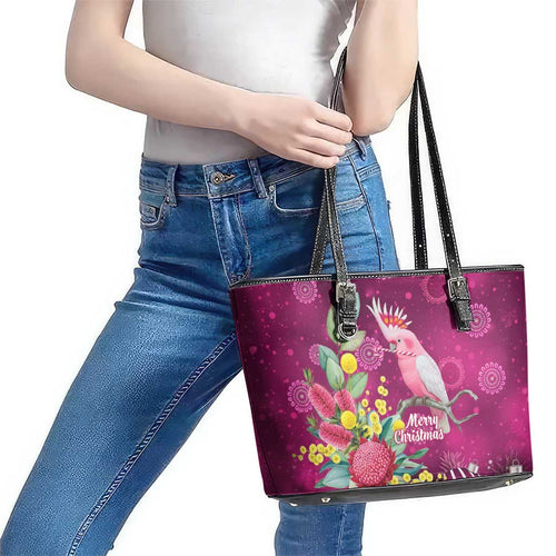 Australia Pink Cockatoo Christmas Leather Tote Bag Aussie Native Flowers Merry Xmas - Pink - Aussie Hoodie