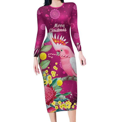 Australia Pink Cockatoo Christmas Long Sleeve Bodycon Dress Aussie Native Flowers Merry Xmas - Pink - Aussie Hoodie