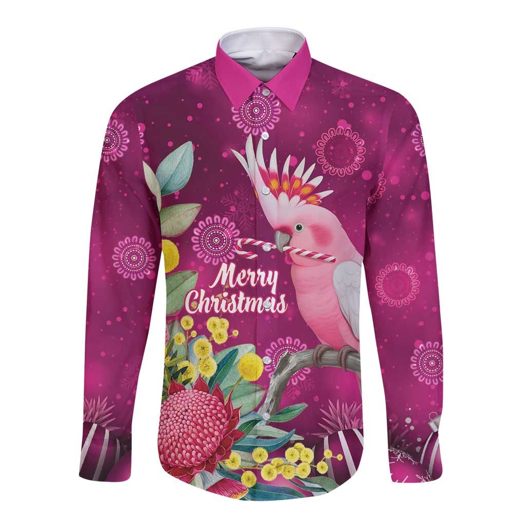 Australia Pink Cockatoo Christmas Long Sleeve Button Shirt Aussie Native Flowers Merry Xmas - Pink - Aussie Hoodie
