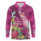 Australia Pink Cockatoo Christmas Long Sleeve Polo Shirt Aussie Native Flowers Merry Xmas - Pink - Aussie Hoodie