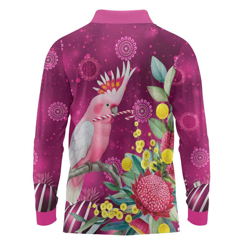Australia Pink Cockatoo Christmas Long Sleeve Polo Shirt Aussie Native Flowers Merry Xmas - Pink - Aussie Hoodie