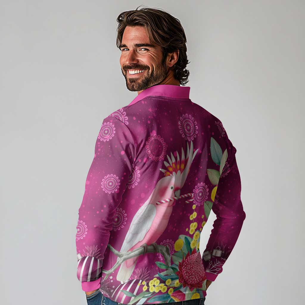 Australia Pink Cockatoo Christmas Long Sleeve Polo Shirt Aussie Native Flowers Merry Xmas - Pink - Aussie Hoodie