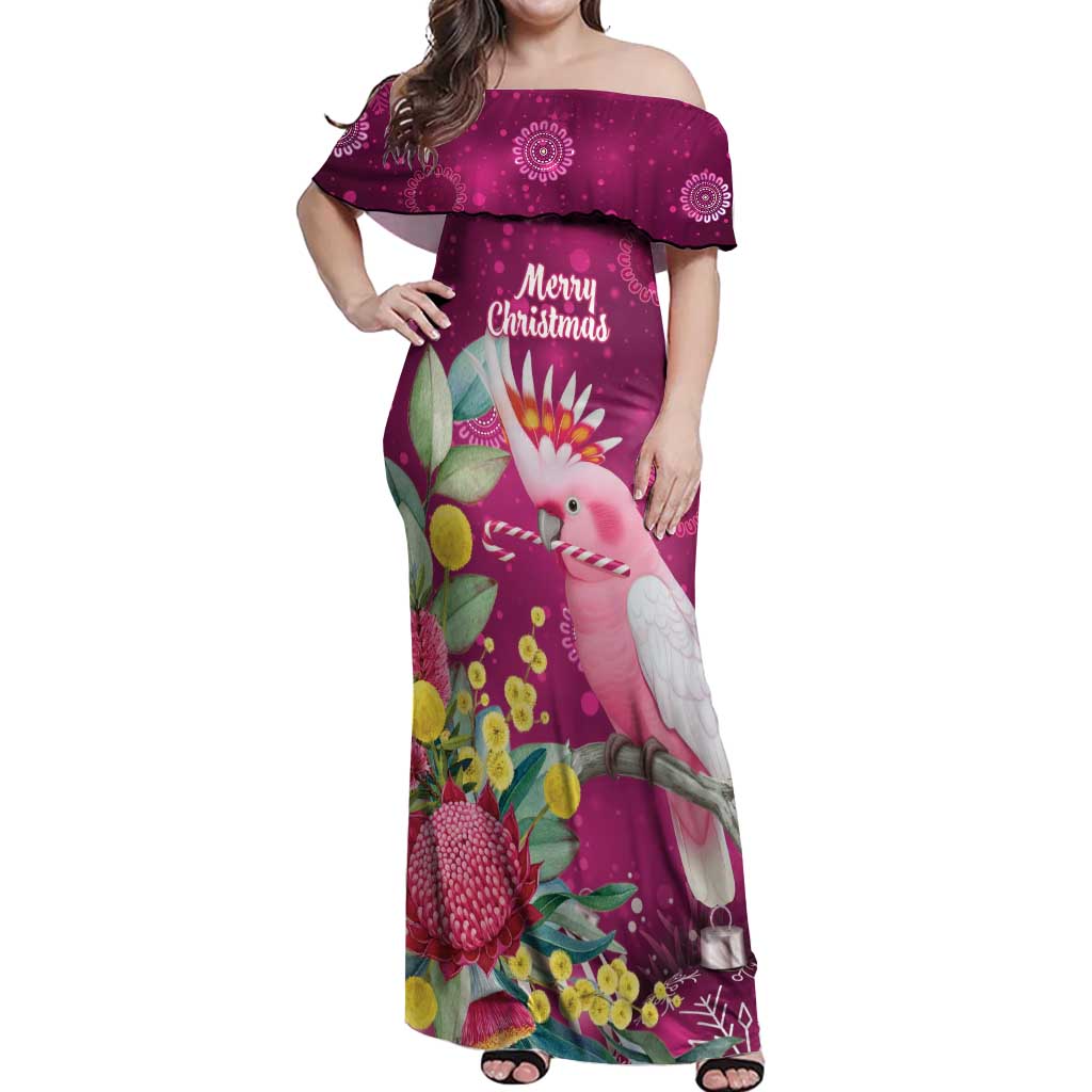 Australia Pink Cockatoo Christmas Off Shoulder Maxi Dress Aussie Native Flowers Merry Xmas - Pink - Aussie Hoodie