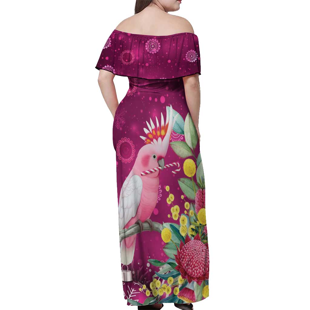 Australia Pink Cockatoo Christmas Off Shoulder Maxi Dress Aussie Native Flowers Merry Xmas - Pink - Aussie Hoodie