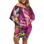 Australia Pink Cockatoo Christmas Off Shoulder Short Dress Aussie Native Flowers Merry Xmas - Pink - Aussie Hoodie