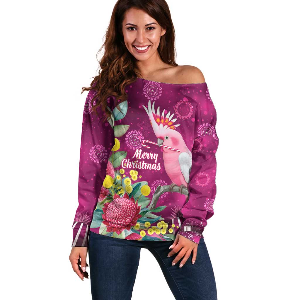Australia Pink Cockatoo Christmas Off Shoulder Sweater Aussie Native Flowers Merry Xmas - Pink - Aussie Hoodie