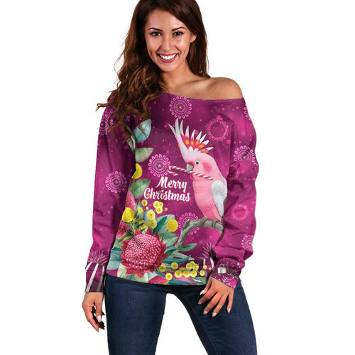 Australia Pink Cockatoo Christmas Off Shoulder Sweater Aussie Native Flowers Merry Xmas - Pink - Aussie Hoodie