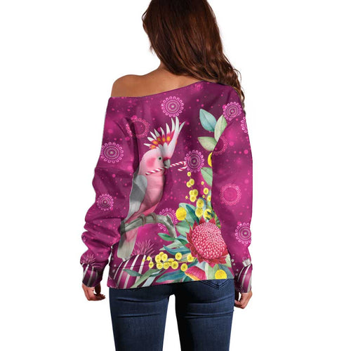 Australia Pink Cockatoo Christmas Off Shoulder Sweater Aussie Native Flowers Merry Xmas - Pink - Aussie Hoodie