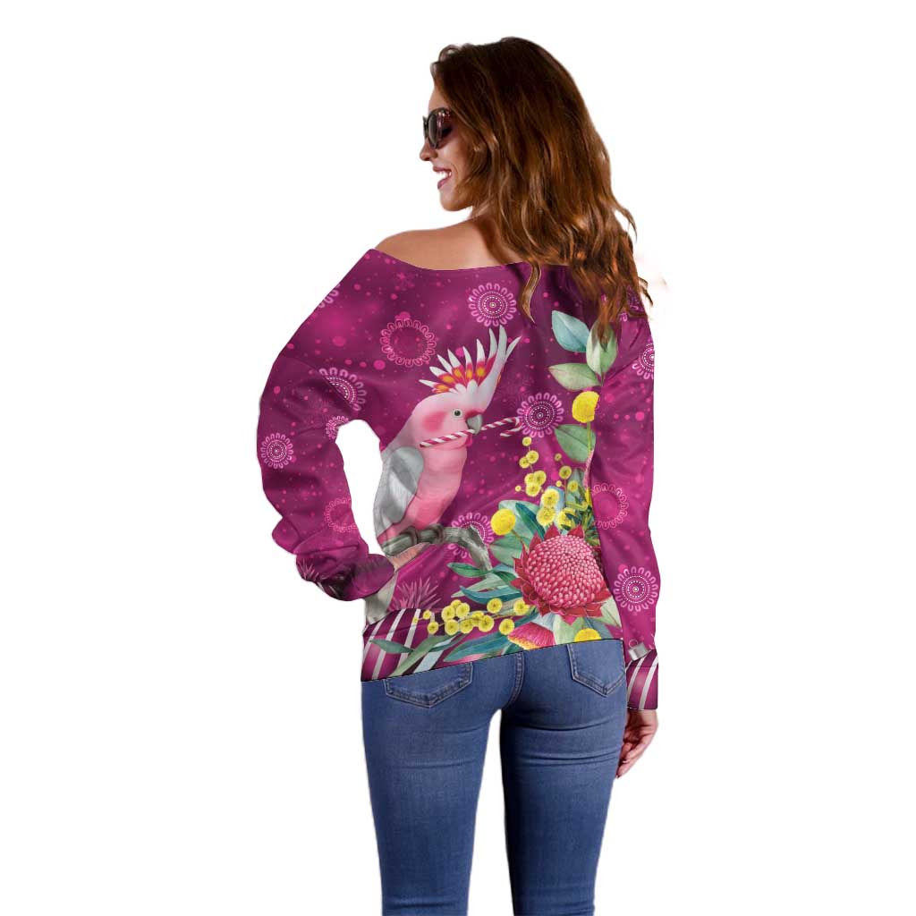 Australia Pink Cockatoo Christmas Off Shoulder Sweater Aussie Native Flowers Merry Xmas - Pink - Aussie Hoodie
