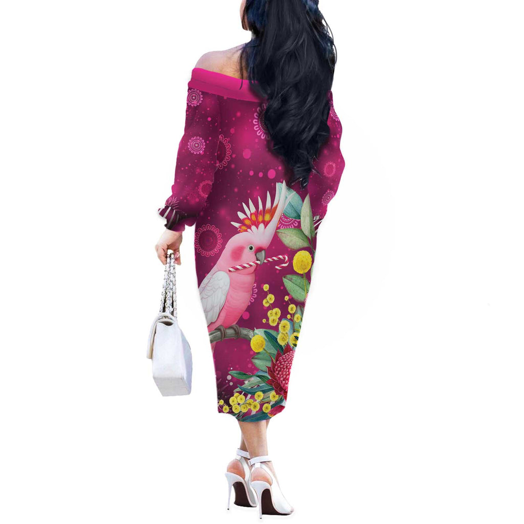Australia Pink Cockatoo Christmas Off The Shoulder Long Sleeve Dress Aussie Native Flowers Merry Xmas - Pink - Aussie Hoodie