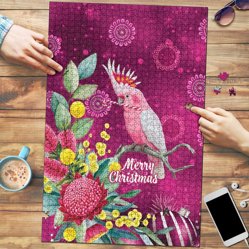 Australia Pink Cockatoo Christmas Puzzle Aussie Native Flowers Merry Xmas - Pink - Aussie Hoodie