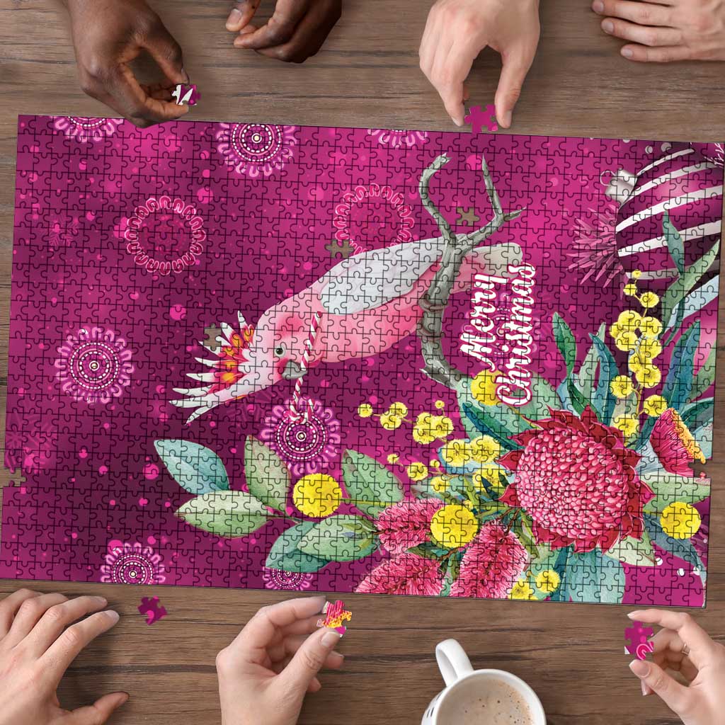 Australia Pink Cockatoo Christmas Puzzle Aussie Native Flowers Merry Xmas - Pink - Aussie Hoodie