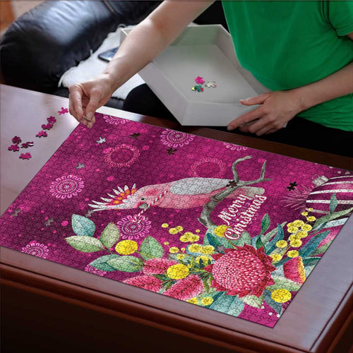 Australia Pink Cockatoo Christmas Puzzle Aussie Native Flowers Merry Xmas - Pink - Aussie Hoodie