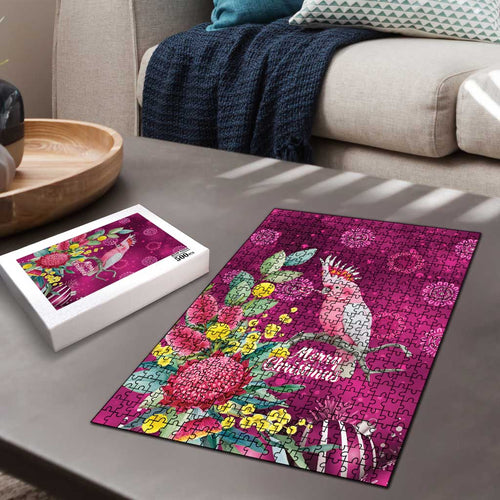 Australia Pink Cockatoo Christmas Puzzle Aussie Native Flowers Merry Xmas - Pink - Aussie Hoodie