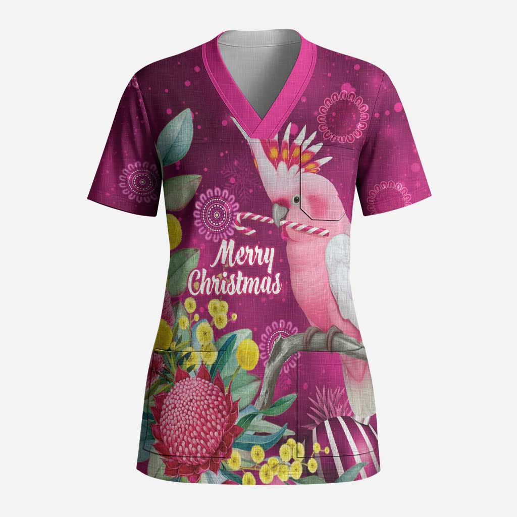 Australia Pink Cockatoo Christmas Scrub Top Aussie Native Flowers Merry Xmas - Pink - Aussie Hoodie