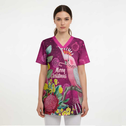 Australia Pink Cockatoo Christmas Scrub Top Aussie Native Flowers Merry Xmas - Pink - Aussie Hoodie
