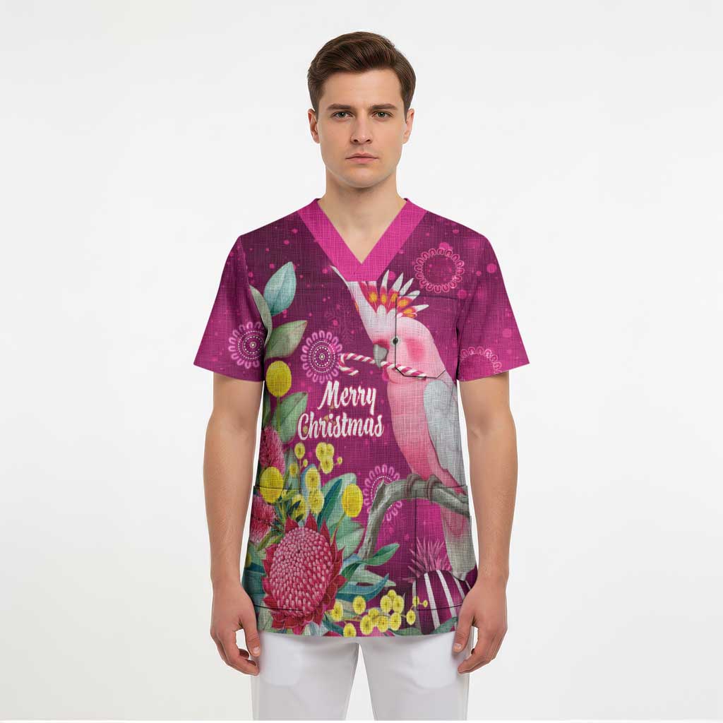 Australia Pink Cockatoo Christmas Scrub Top Aussie Native Flowers Merry Xmas - Pink - Aussie Hoodie