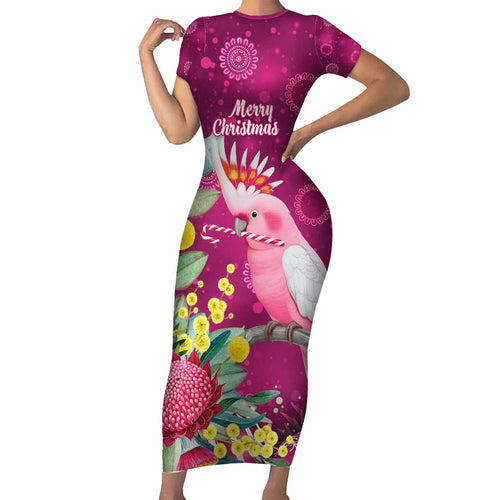 Australia Pink Cockatoo Christmas Short Sleeve Bodycon Dress Aussie Native Flowers Merry Xmas - Pink - Aussie Hoodie