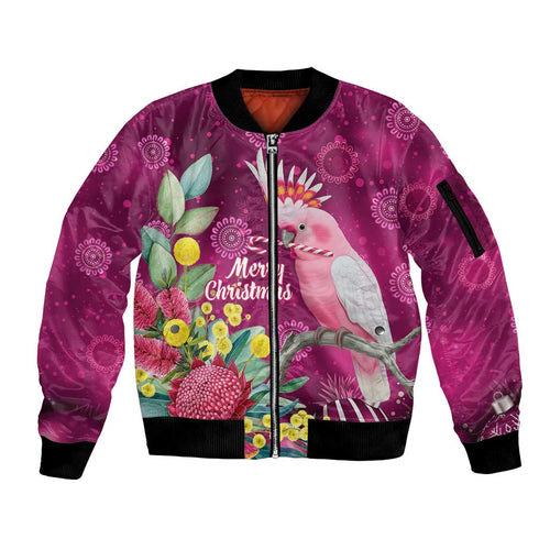 Australia Pink Cockatoo Christmas Sleeve Zip Bomber Jacket Aussie Native Flowers Merry Xmas - Pink - Aussie Hoodie