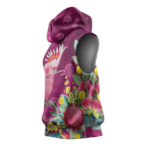 Australia Pink Cockatoo Christmas Sleeveless Hoodie Aussie Native Flowers Merry Xmas - Pink - Aussie Hoodie