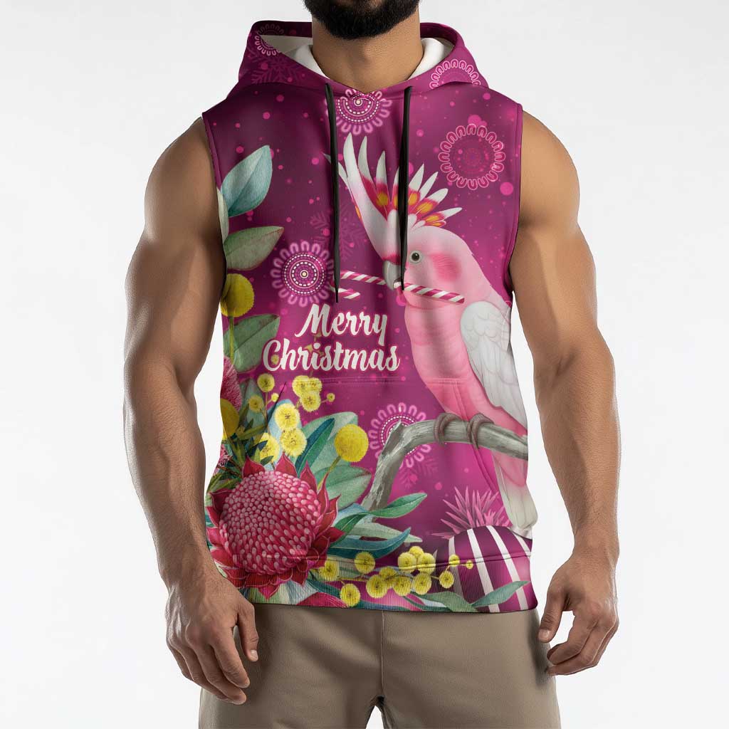Australia Pink Cockatoo Christmas Sleeveless Hoodie Aussie Native Flowers Merry Xmas - Pink - Aussie Hoodie