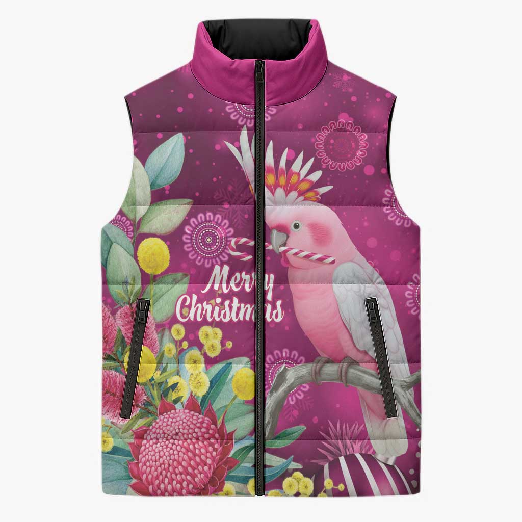 Australia Pink Cockatoo Christmas Sleeveless Puffer Jacket Aussie Native Flowers Merry Xmas - Pink - Aussie Hoodie